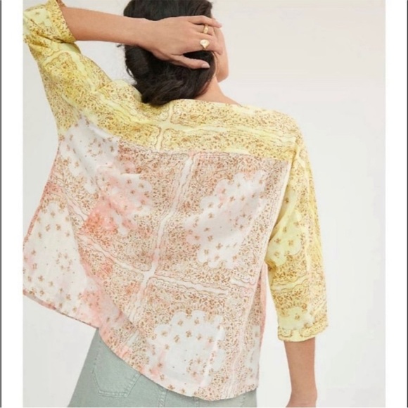 Pilcro and the Letterpress Tavi Blouse Button Down Yellow Pink Anthropologie L - Picture 3 of 13